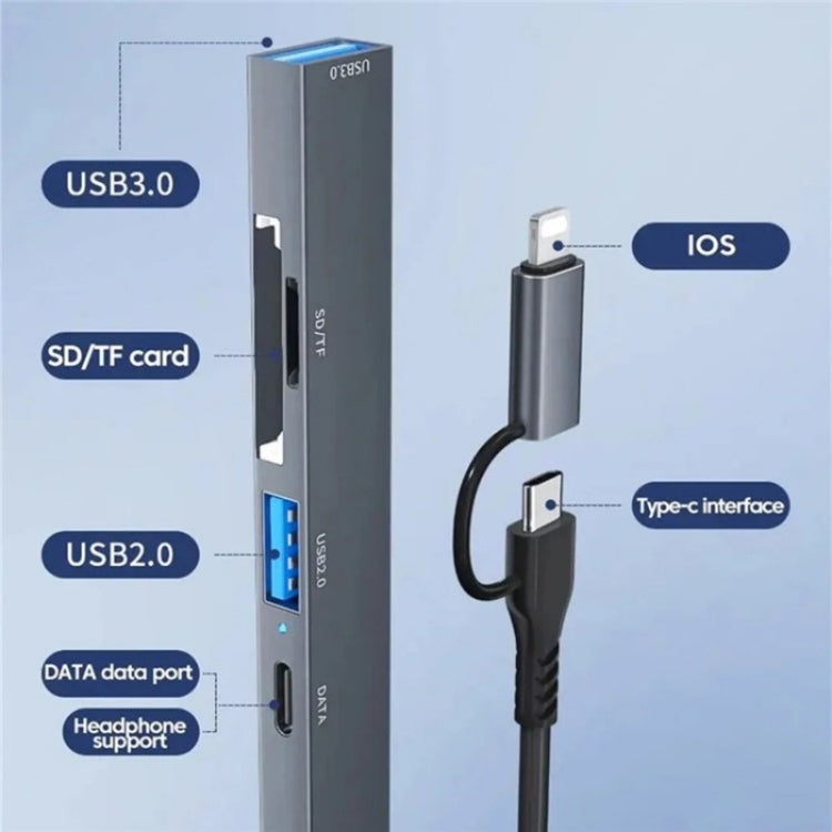Bộ mở rộng hub chuyển đổi ADS-805 8 Pin + Type-C sang USB-C dữ liệu + USB 2.0 / 3.0 + đầu đọc thẻ SD / TF, ADS-805