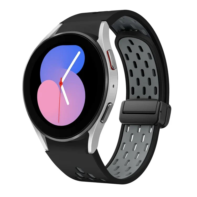 Dây đồng hồ silicone khóa gập nam châm hai màu đen, cho Samsung Galaxy Watch 7 40 / 44mm, cho Samsung Galaxy Watch 5 40 / 44mm, cho Samsung Galaxy Watch 4 40 / 44mm, cho Samsung Galaxy Watch 4 Classic 42 / 46mm