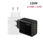 Sạc đa cổng 120W 3 PD Type-C và USB đôi cho điện thoại di động, phích cắm EU, phích cắm EU