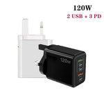 Sạc đa cổng 120W 3 PD Type-C và USB đôi cho điện thoại di động, phích cắm UK, phích cắm UK