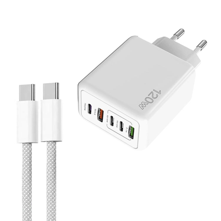 Bộ sạc nhanh đa cổng 120W PD3.0 3 Type-C 2 USB kèm cáp Type-C to Type-C, phích cắm EU, phích cắm EU + cáp C to C