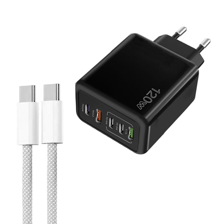 120W PD3.0 3 Type-C 2 USB Multi Port Quick Charger with Type-C to Type-C Cable, EU Plug, EU Plug + C to C Cable