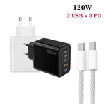 120W PD3.0 3 Type-C 2 USB Multi Port Quick Charger with Type-C to Type-C Cable, EU Plug, EU Plug + C to C Cable