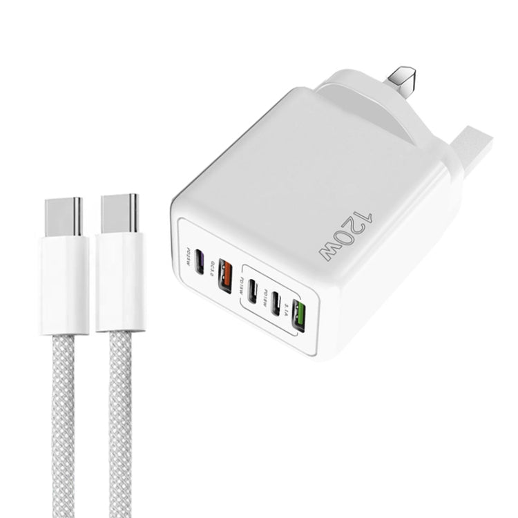 Sạc nhanh đa cổng 120W PD3.0 3 Type-C 2 USB kèm cáp Type-C to Type-C, phích cắm UK, phích cắm UK + cáp C to C