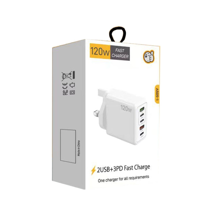 120W PD3.0 3 Type-C 2 USB Multi Port Quick Charger with Type-C to Type-C Cable, UK Plug, UK Plug + C to C Cable