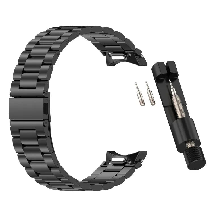 Metal watch band for Samsung Galaxy Watch with quick release feature and adjustment tool.