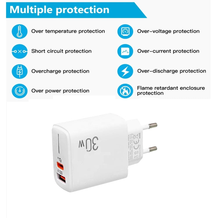Sạc PD31 30W USB-C / Type-C + USB-A với cáp dữ liệu 2 trong 1 Type-C+8 Pin, phích cắm EU, phích cắm EU + cáp dữ liệu 2 trong 1