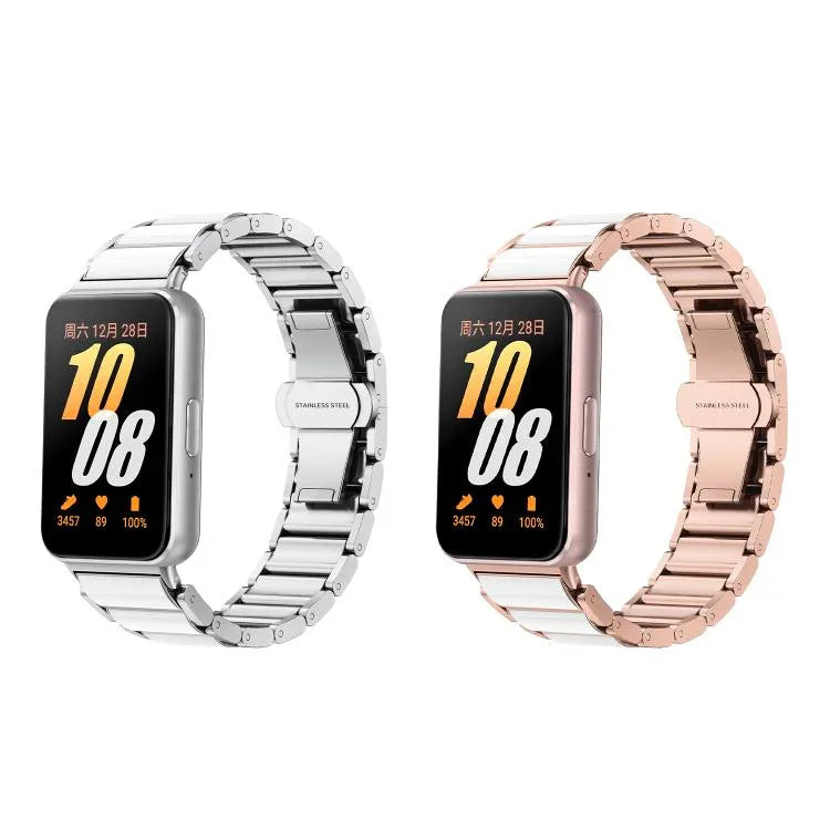 Dây đồng hồ kim loại trắng gốm khóa bướm, Dành cho Samsung Galaxy Fit 3