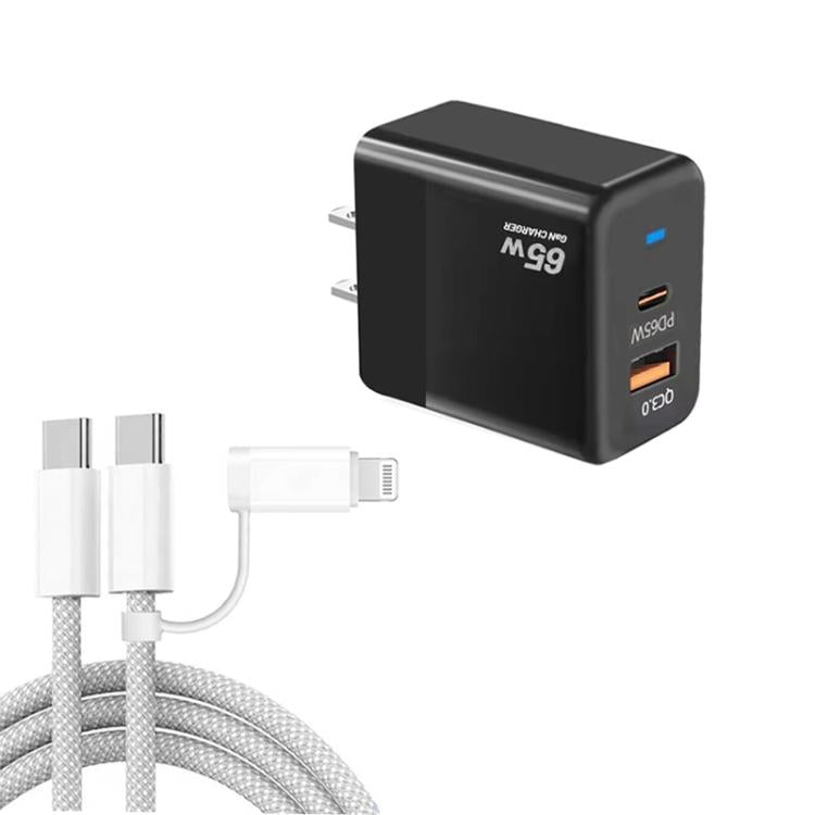 Sạc PD41 GaN PD 45W + USB với cáp dữ liệu USB-C to USB-C / 8 Pin cho iPhone, phích cắm US, phích cắm US