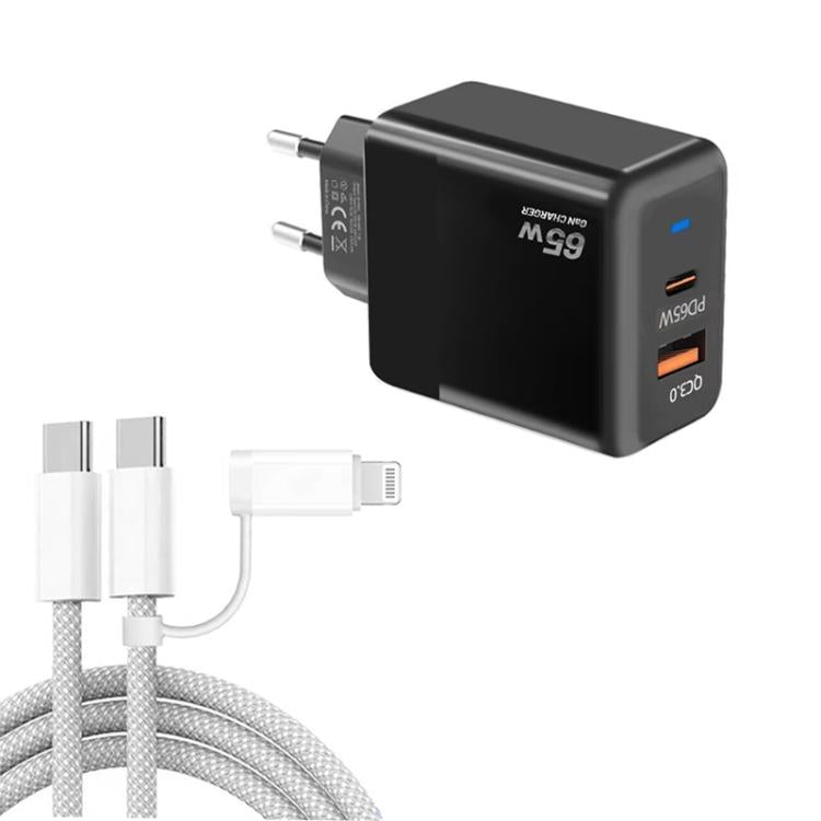 Sạc PD41 GaN PD 45W + USB với cáp dữ liệu USB-C to USB-C / 8 Pin cho iPhone, phích cắm EU, phích cắm EU