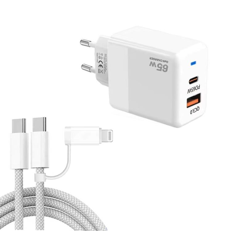 Sạc PD41 GaN PD 45W + USB với cáp dữ liệu USB-C to USB-C / 8 Pin cho iPhone, phích cắm EU, phích cắm EU