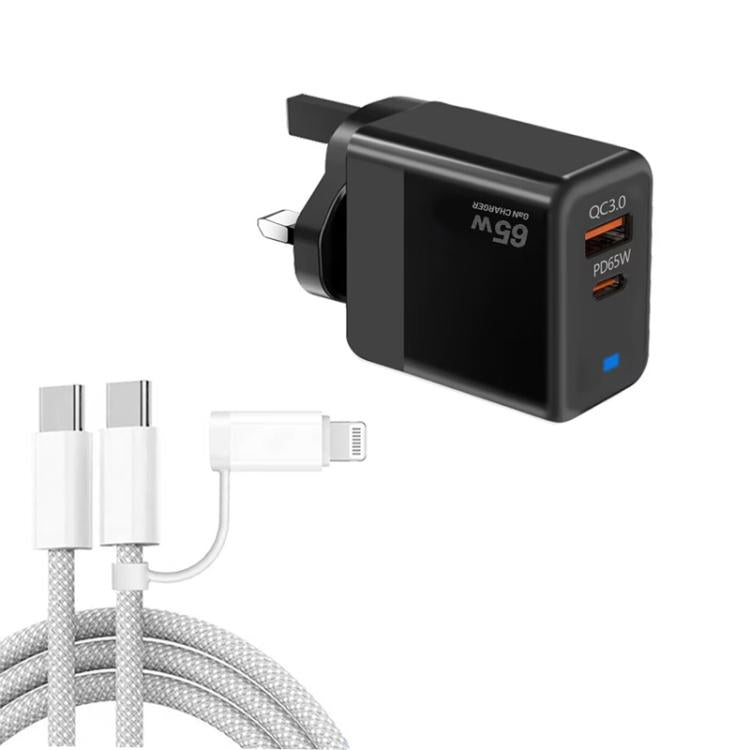 Sạc PD41 GaN PD 45W + USB với cáp dữ liệu USB-C to USB-C / 8 Pin cho iPhone, phích cắm UK, phích cắm UK
