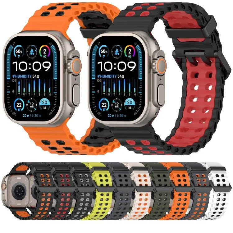 Dây đồng hồ silicone hai màu lỗ đôi đại dương, Dành cho Apple Watch 46mm / 49mm / 45mm / 44mm