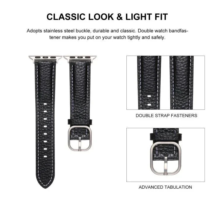 Dây đồng hồ Da Thật Họa Tiết Litchi Khóa Vuông, Dành cho Apple Watch 46mm / 49mm / 45mm / 44mm, Dành cho Apple Watch 42mm / 41mm / 40mm / 38mm