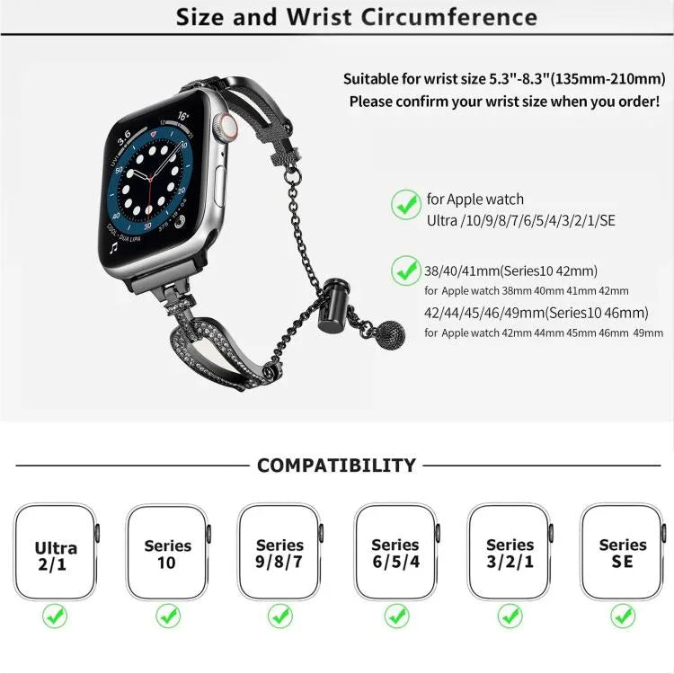 Dây đồng hồ hợp kim kẽm vòng tay kim cương hình chữ U, Dành cho Apple Watch 46mm / 49mm / 45mm / 44mm, Dành cho Apple Watch 42mm / 41mm / 40mm / 38mm