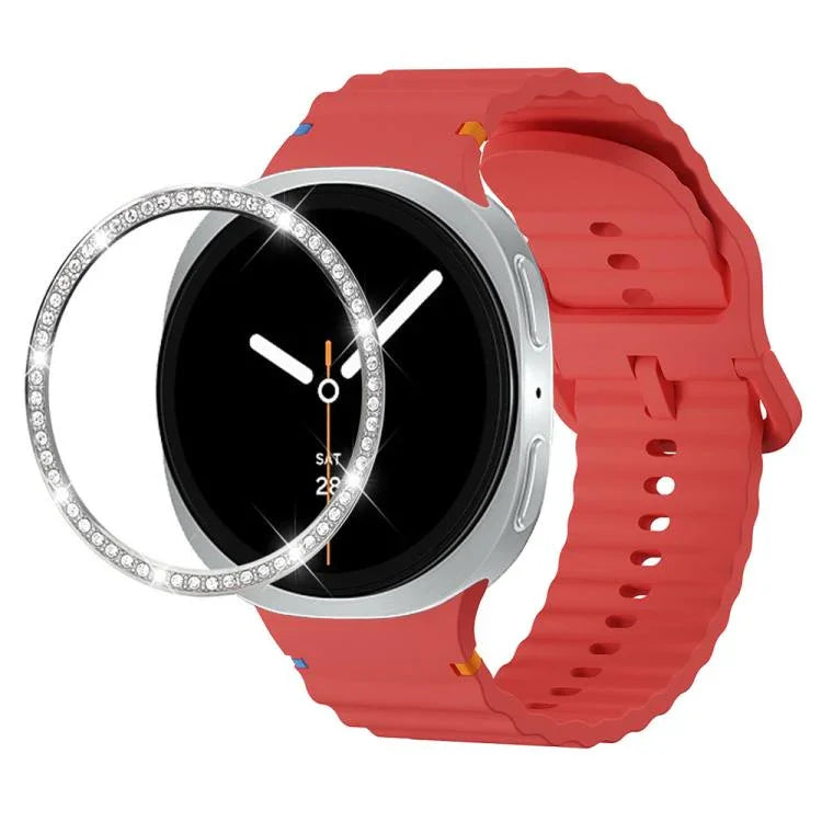 Dây đồng hồ silicone khóa màu thêu họa tiết sóng và viền kim cương, dành cho Samsung Galaxy Watch8 44mm, Samsung Galaxy Watch8 40mm