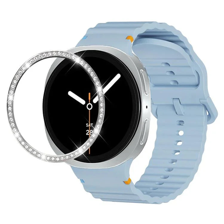 Dây đồng hồ silicone khóa màu thêu họa tiết sóng và viền kim cương, dành cho Samsung Galaxy Watch8 44mm, Samsung Galaxy Watch8 40mm