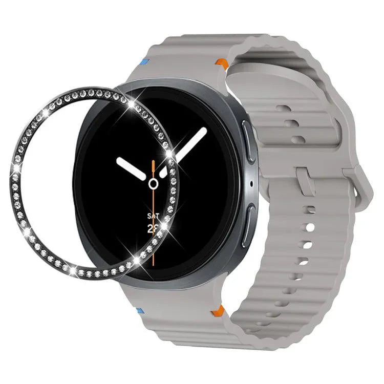 Dây đồng hồ silicone khóa màu thêu họa tiết sóng và viền kim cương, dành cho Samsung Galaxy Watch8 44mm, Samsung Galaxy Watch8 40mm