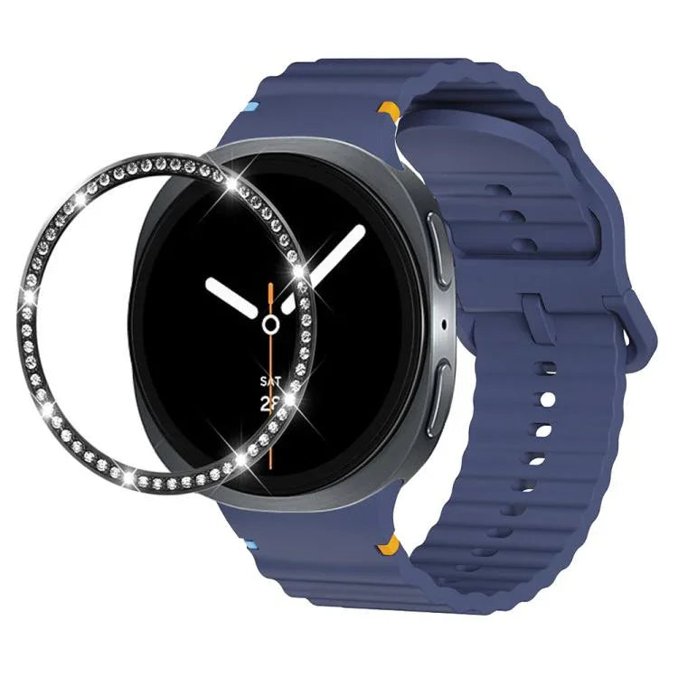Dây đồng hồ silicone khóa màu thêu họa tiết sóng và viền kim cương, dành cho Samsung Galaxy Watch8 44mm, Samsung Galaxy Watch8 40mm