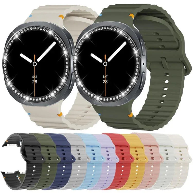 Dây đồng hồ silicone khóa màu thêu họa tiết sóng và viền kim cương, dành cho Samsung Galaxy Watch8 44mm, Samsung Galaxy Watch8 40mm