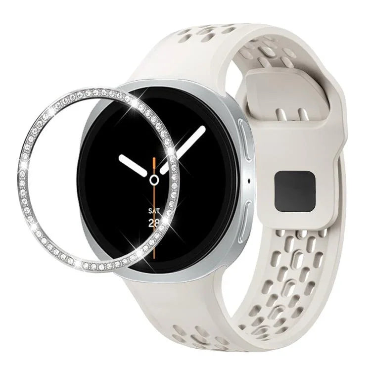 Dây đồng hồ silicone khóa ngược màu đen và viền kim cương, dành cho Samsung Galaxy Watch8 44mm, Samsung Galaxy Watch8 40mm