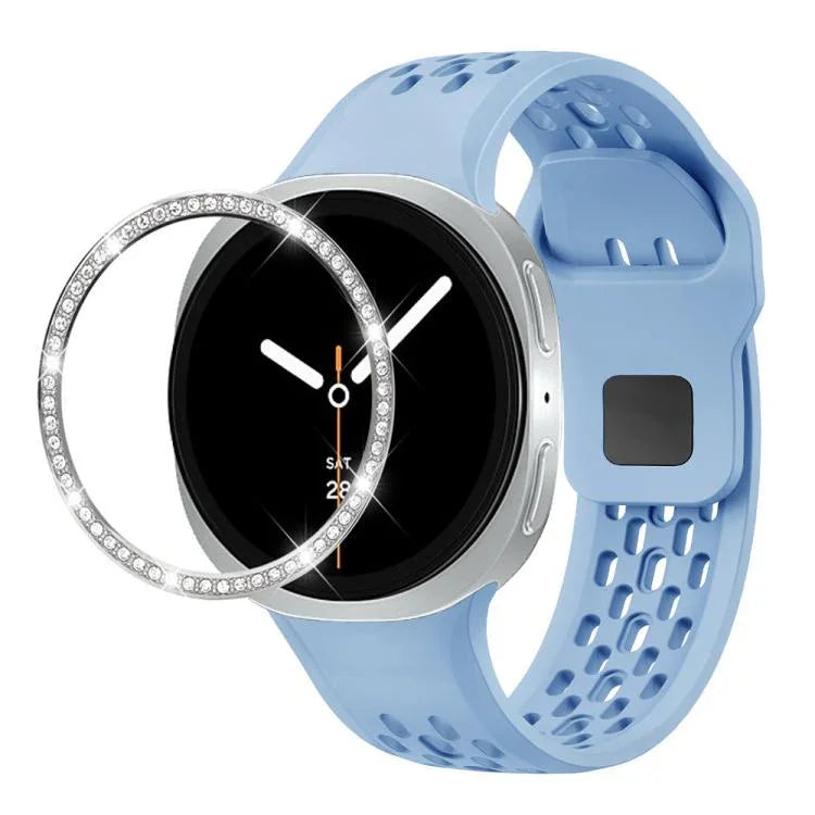 Dây đồng hồ silicone khóa ngược màu đen và viền kim cương, dành cho Samsung Galaxy Watch8 44mm, Samsung Galaxy Watch8 40mm