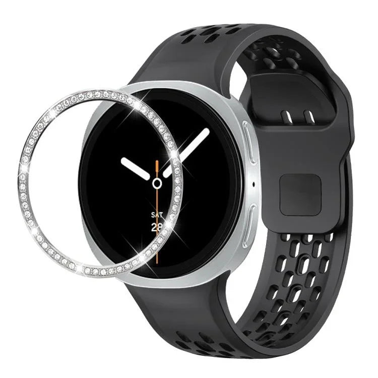 Dây đồng hồ silicone khóa ngược màu đen và viền kim cương, dành cho Samsung Galaxy Watch8 44mm, Samsung Galaxy Watch8 40mm