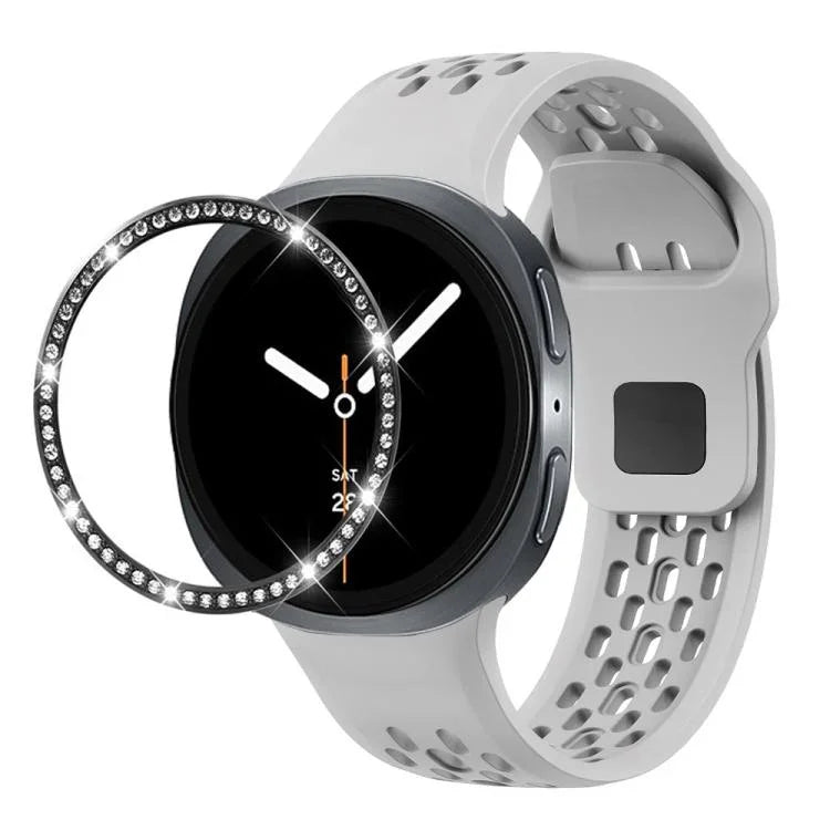 Dây đồng hồ silicone khóa ngược màu đen và viền kim cương, dành cho Samsung Galaxy Watch8 44mm, Samsung Galaxy Watch8 40mm