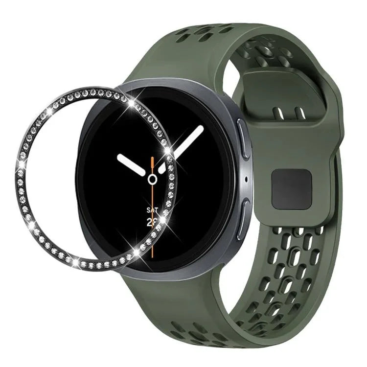 Dây đồng hồ silicone khóa ngược màu đen và viền kim cương, dành cho Samsung Galaxy Watch8 44mm, Samsung Galaxy Watch8 40mm