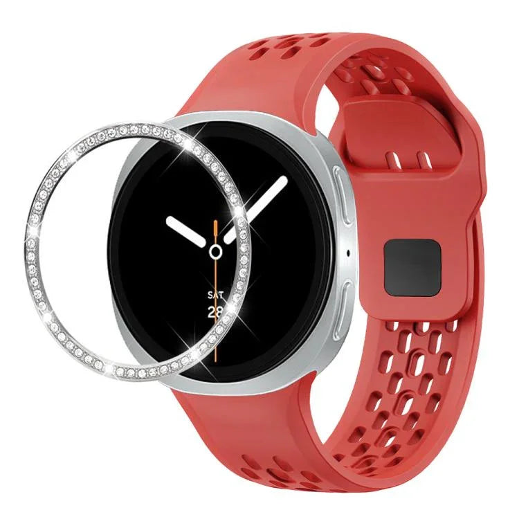 Dây đồng hồ silicone khóa ngược màu đen và viền kim cương, dành cho Samsung Galaxy Watch8 44mm, Samsung Galaxy Watch8 40mm