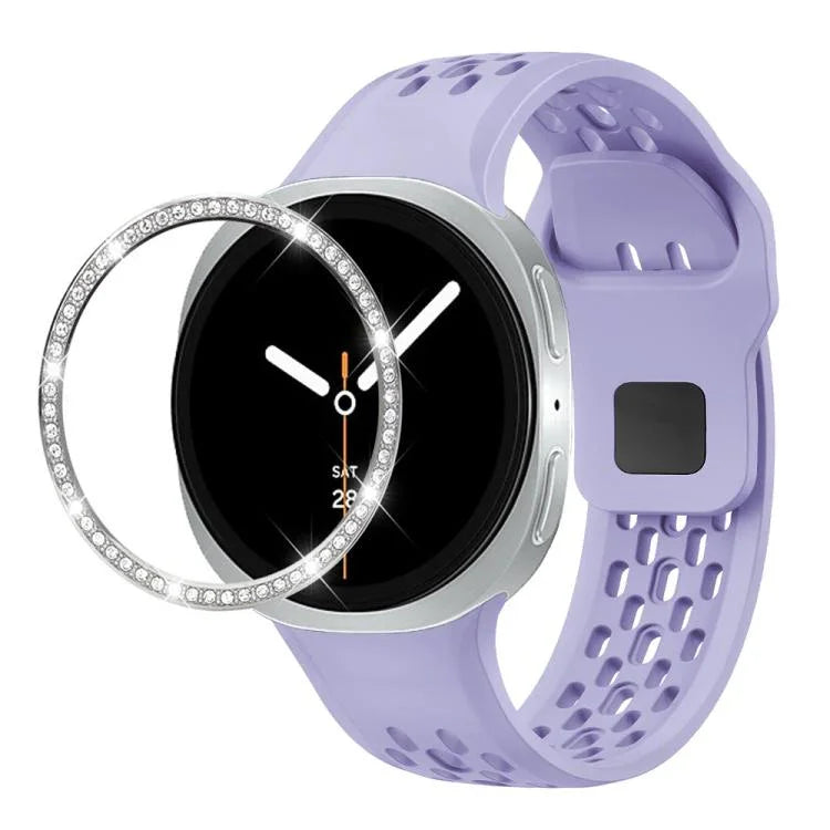 Dây đồng hồ silicone khóa ngược màu đen và viền kim cương, dành cho Samsung Galaxy Watch8 44mm, Samsung Galaxy Watch8 40mm