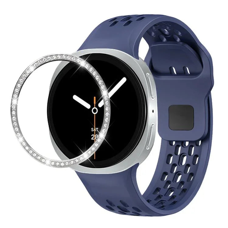 Dây đồng hồ silicone khóa ngược màu đen và viền kim cương, dành cho Samsung Galaxy Watch8 44mm, Samsung Galaxy Watch8 40mm