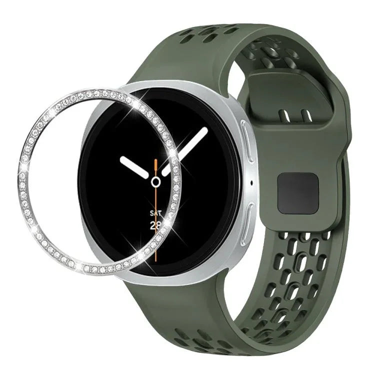 Dây đồng hồ silicone khóa ngược màu đen và viền kim cương, dành cho Samsung Galaxy Watch8 44mm, Samsung Galaxy Watch8 40mm