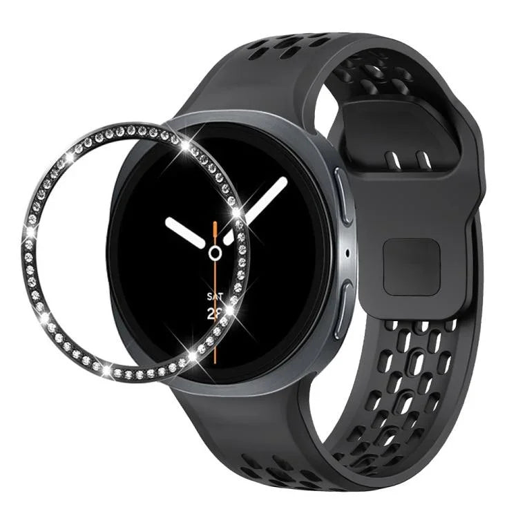 Dây đồng hồ silicone khóa ngược màu đen và viền kim cương, dành cho Samsung Galaxy Watch8 44mm, Samsung Galaxy Watch8 40mm