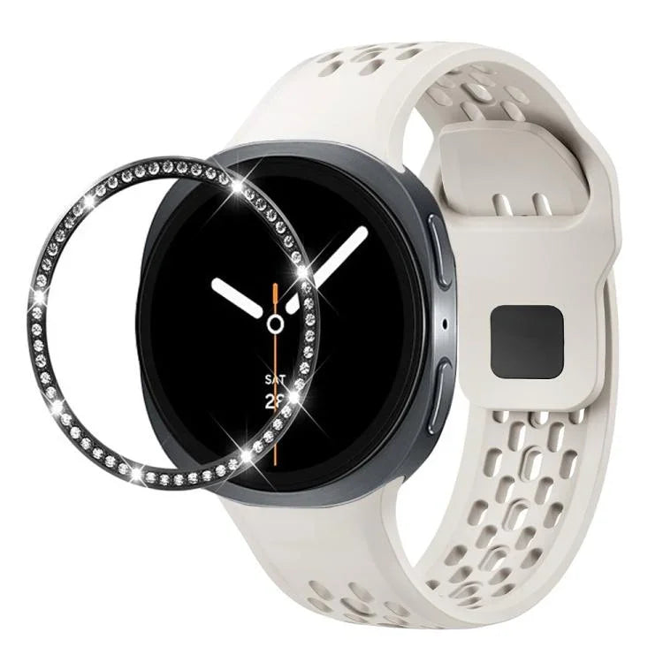 Dây đồng hồ silicone khóa ngược màu đen và viền kim cương, dành cho Samsung Galaxy Watch8 44mm, Samsung Galaxy Watch8 40mm