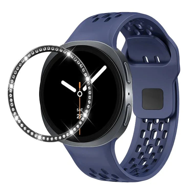 Dây đồng hồ silicone khóa ngược màu đen và viền kim cương, dành cho Samsung Galaxy Watch8 44mm, Samsung Galaxy Watch8 40mm