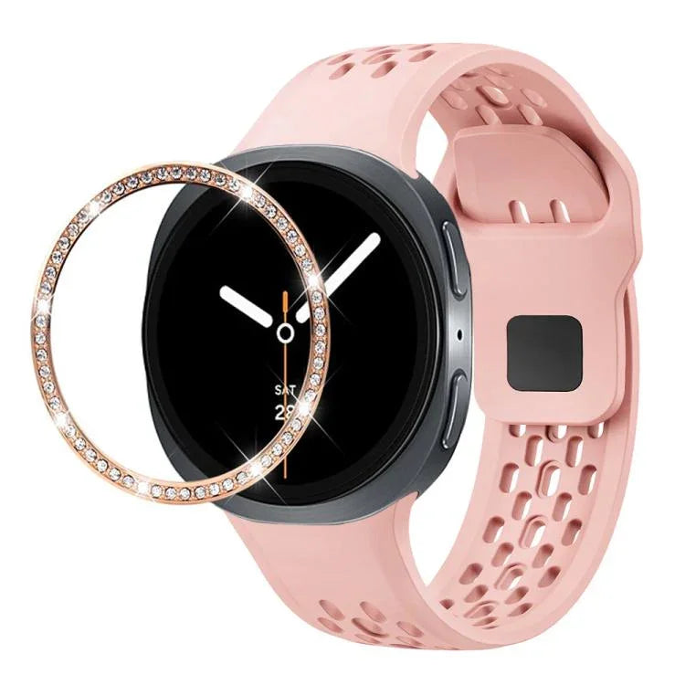 Dây đồng hồ silicone khóa ngược màu đen và viền kim cương, dành cho Samsung Galaxy Watch8 44mm, Samsung Galaxy Watch8 40mm