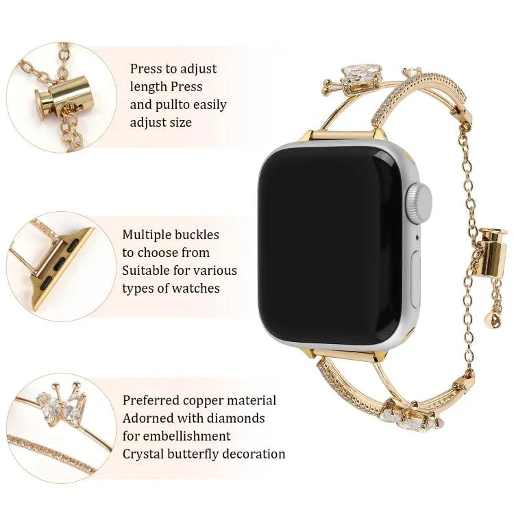 Dây đồng hồ vòng tay Zircon bướm khảm đồng, Dành cho Apple Watch 46mm / 49mm / 45mm / 44mm, Dành cho Apple Watch 42mm / 41mm / 40mm / 38mm