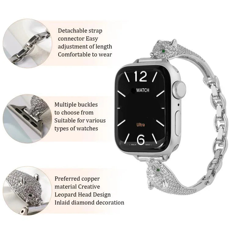Dây Đeo Đồng Hồ Đầu Báo Đốm Đính Zircon Mạ Đồng, Dành Cho Apple Watch 46mm / 49mm / 45mm / 44mm, Dành Cho Apple Watch 42mm / 41mm / 40mm / 38mm