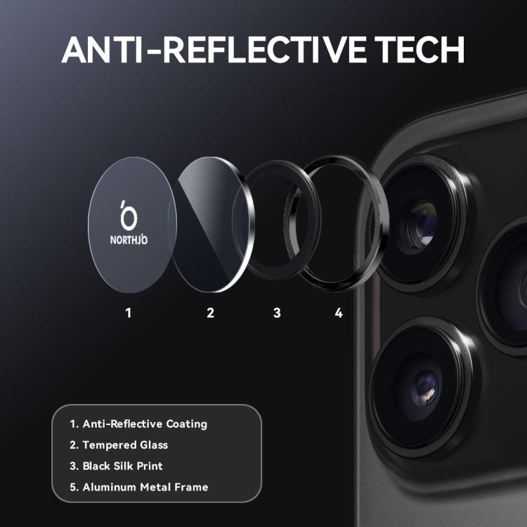 Miếng dán kính cường lực bảo vệ ống kính camera NORTHJO CD vòng kim loại, dành cho iPhone 17 Pro / 17 Pro Max