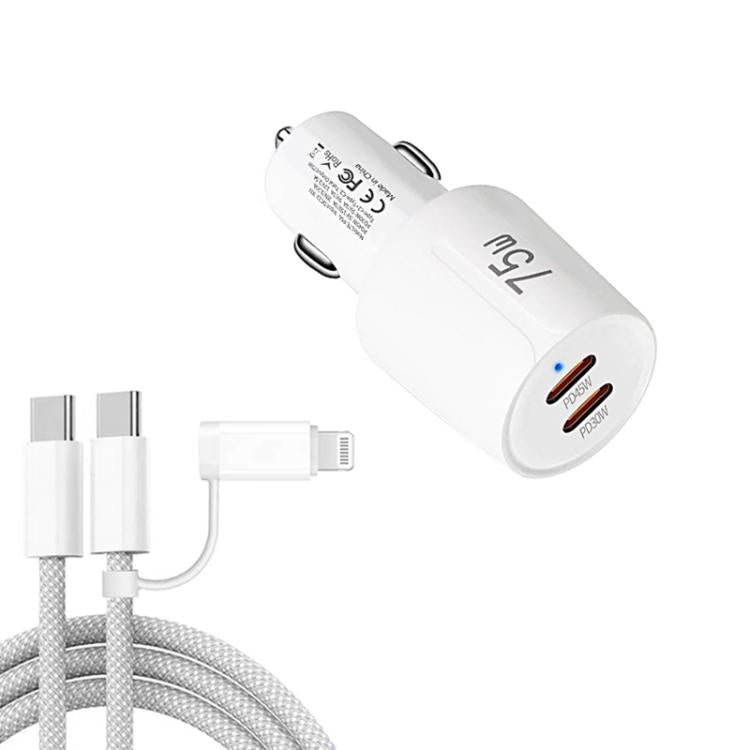 Sạc xe hơi sạc nhanh cổng đôi TE-P66 75W Type-C x 2 kèm cáp dữ liệu Type-C sang Type-C / 8 chân, TE-P66 có cáp