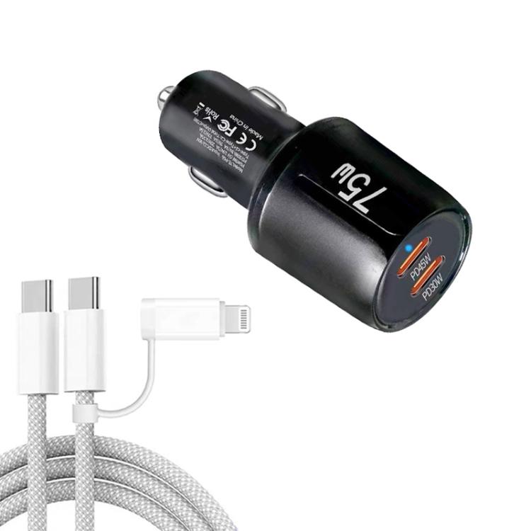 Sạc xe hơi sạc nhanh cổng đôi TE-P66 75W Type-C x 2 kèm cáp dữ liệu Type-C sang Type-C / 8 chân, TE-P66 có cáp