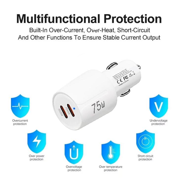 Sạc xe hơi sạc nhanh cổng đôi TE-P66 75W Type-C x 2 kèm cáp dữ liệu Type-C sang Type-C / 8 chân, TE-P66 có cáp