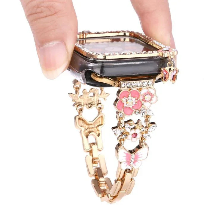 Bộ dây vỏ đồng hồ rỗng kiểu hoa tua rua với kim cương đơn, dành cho Apple Watch Series 6 / 5 / 4 & SE 44mm, dành cho Apple Watch Series 6 / 5 / 4 & SE 40mm, dành cho Apple Watch Series 10 / 11 46mm, dành cho Apple Watch Series 10 / 11 42mm
