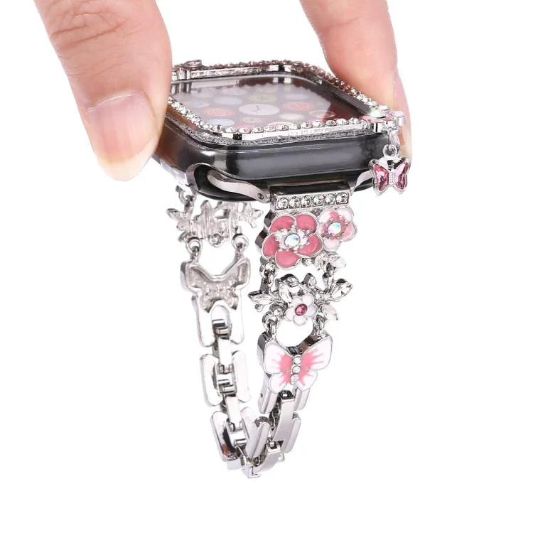 Bộ dây vỏ đồng hồ rỗng kiểu hoa tua rua với kim cương đơn, dành cho Apple Watch Series 6 / 5 / 4 & SE 44mm, dành cho Apple Watch Series 6 / 5 / 4 & SE 40mm, dành cho Apple Watch Series 10 / 11 46mm, dành cho Apple Watch Series 10 / 11 42mm