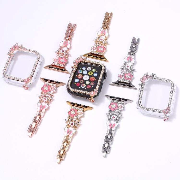 Bộ dây vỏ đồng hồ rỗng kiểu hoa tua rua với kim cương đơn, dành cho Apple Watch Series 6 / 5 / 4 & SE 44mm, dành cho Apple Watch Series 6 / 5 / 4 & SE 40mm, dành cho Apple Watch Series 10 / 11 46mm, dành cho Apple Watch Series 10 / 11 42mm