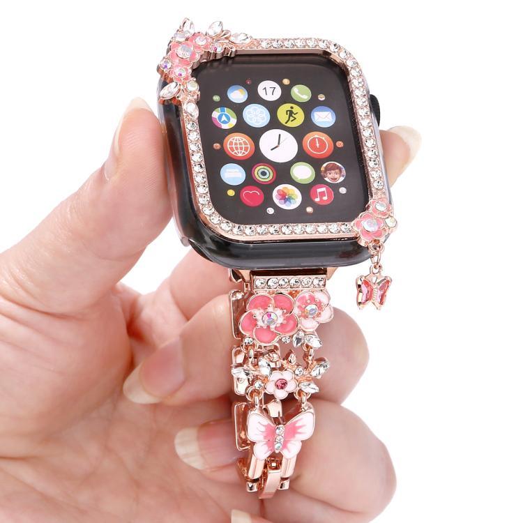 Bộ dây vỏ đồng hồ rỗng kiểu hoa tua rua với kim cương đơn, dành cho Apple Watch Series 6 / 5 / 4 & SE 44mm, dành cho Apple Watch Series 6 / 5 / 4 & SE 40mm, dành cho Apple Watch Series 10 / 11 46mm, dành cho Apple Watch Series 10 / 11 42mm