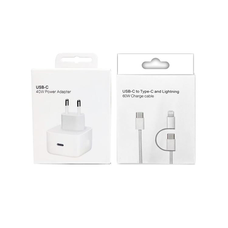 Bộ sạc A3365 PD40W USB-C / Type-C kèm cáp dữ liệu Type-C to Type-C / 8 Pin, phích cắm EU + cáp 2 trong 1 dài 1m