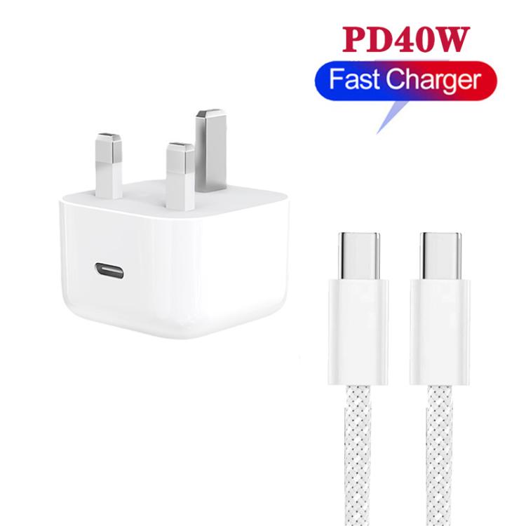 A3365 PD40W USB-C / Type-C Charger with Type-C to Type-C Data Cable, UK Plug, UK Plug + 1m Type-C Cable, UK Plug + 2m Type-C Cable