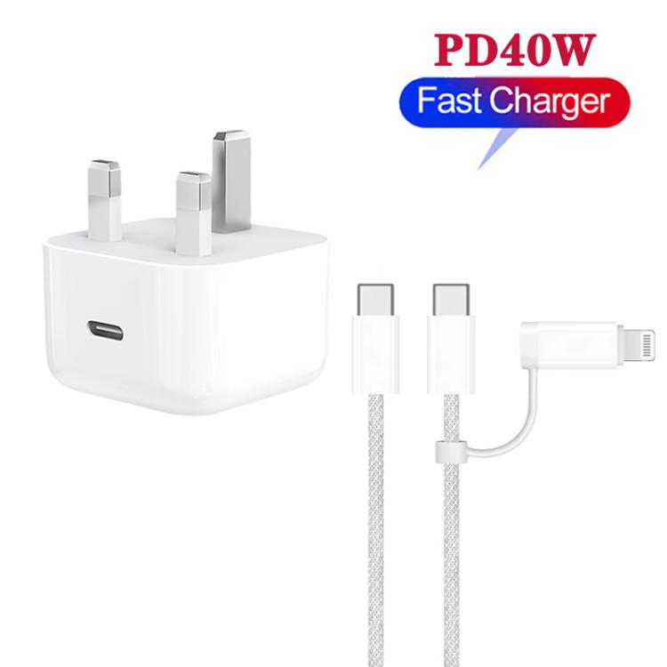 Bộ sạc A3365 PD40W USB-C / Type-C kèm cáp dữ liệu Type-C to Type-C / 8 Pin, phích cắm Anh + cáp 2 trong 1 dài 1m